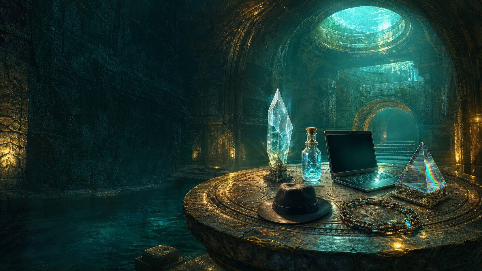 Six symbolic objects resting on an ancient stone table in the stadium tunnels