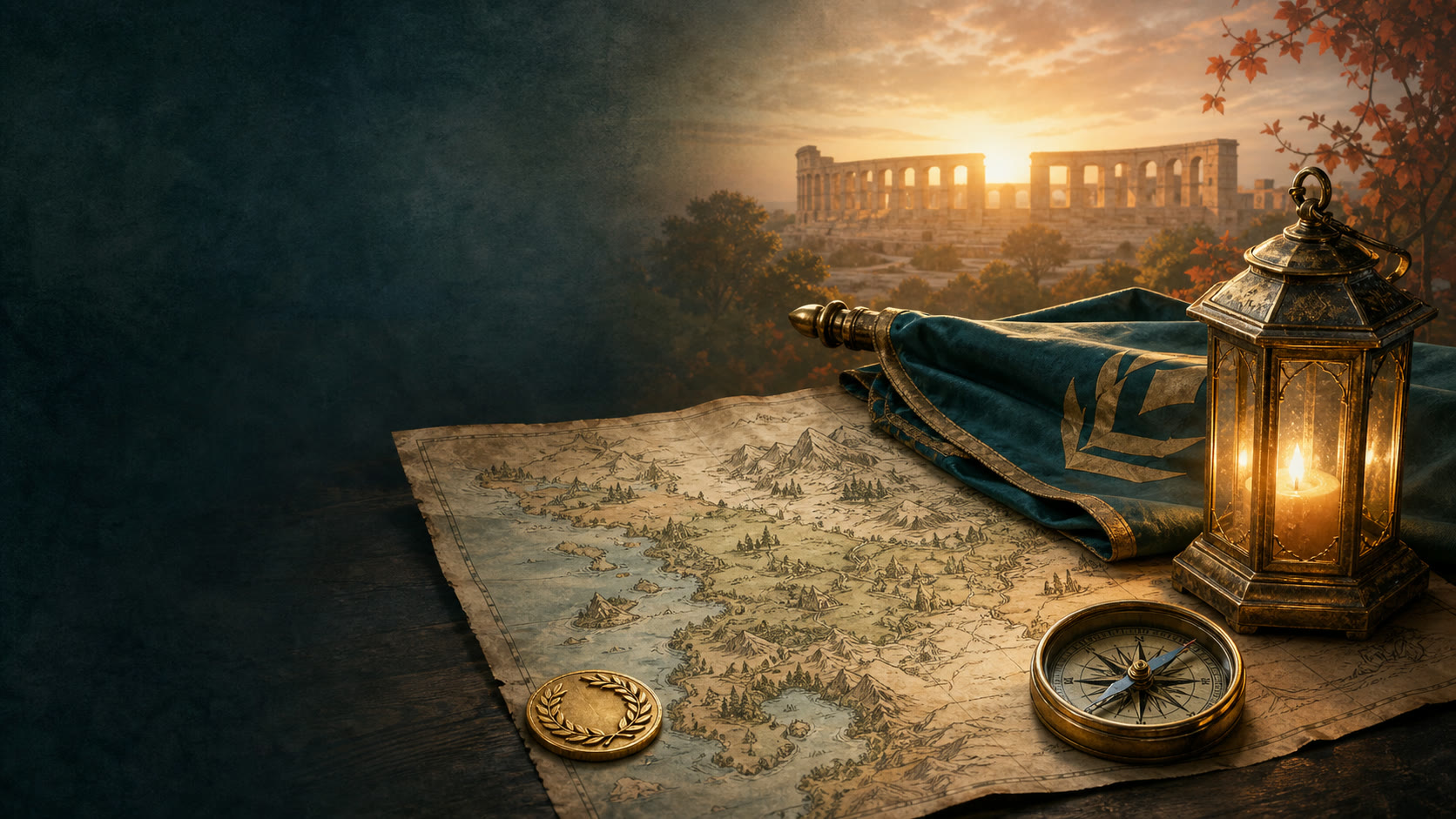 A fantasy map, compass, lantern and stadium banner beside an old amphitheater at dawn
