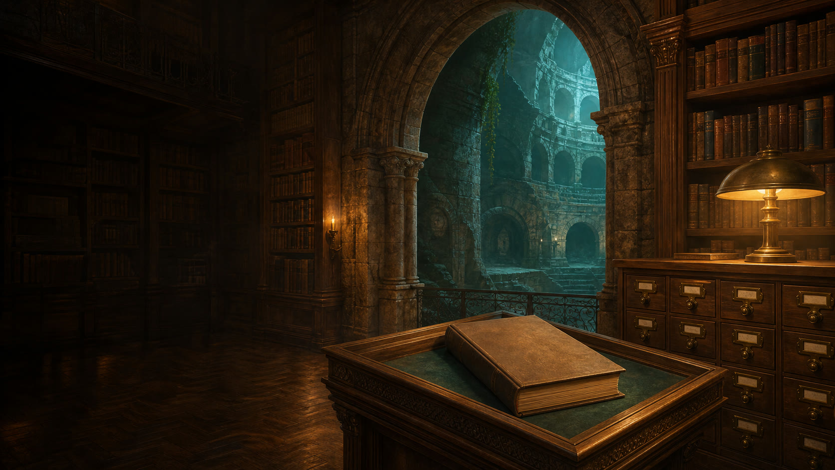 An old library archive with a hidden stone arch and an unmarked book on a reading table