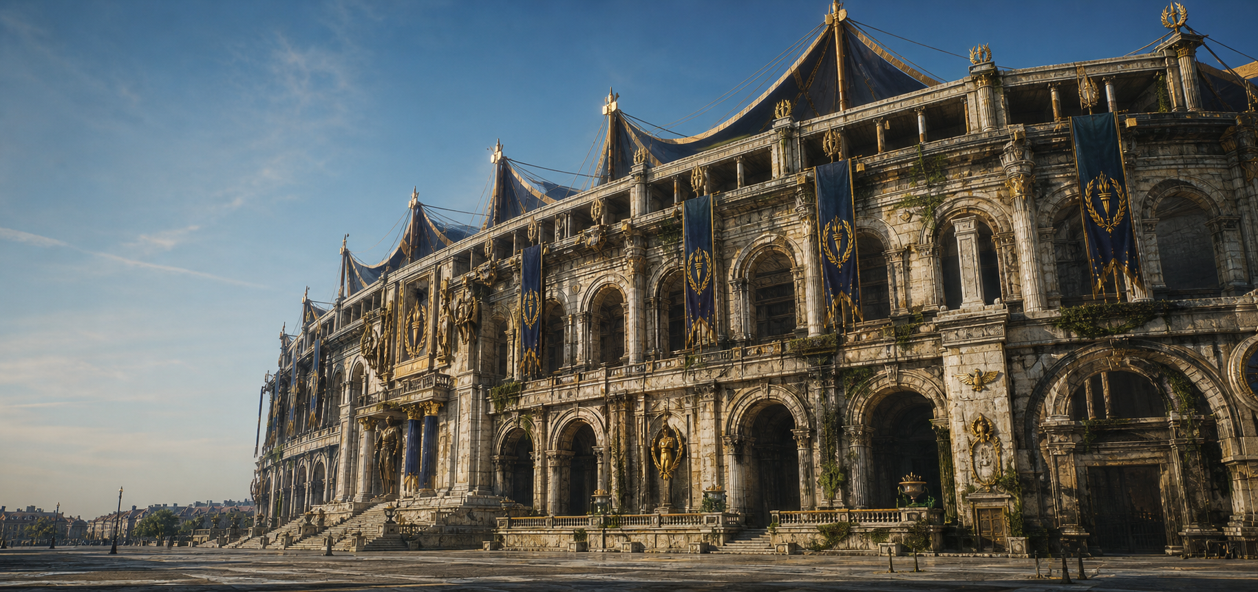 A daylight view of the fictional Preditorium, an ancient restored stadium with weathered stone arches and navy banners